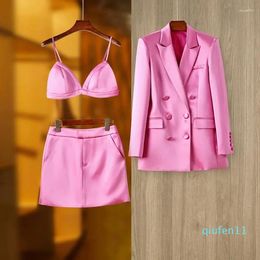 Two Piece Dress Women Skirt Suit 2024 Autumn Red Pink Double Breasted Long Sleeve Fashion