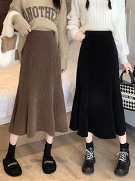 Corduroy Long Mermaid Skirt Women Autumn High Waist Ruffles Midi Skirts Female Korean Fashion Elegant Elastic Black Aline 24030