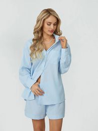 Women's Tracksuits Women S Summer Loungewear Set Stripe Print Long Sleeve Pocket Lapel Tops With Elastic Waist Shorts 2 Pieces Sleepwear