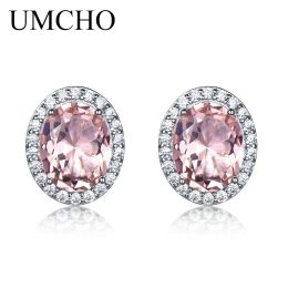 Earrings UMCHO Solid 925 Sterling Silver Stud Earrings For Women Rose Pink Sapphire Morganite Earrings Wedding Engagement Jewellery Gift