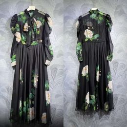 Grundläggande casual klänningar semester designer siden midi klänning svart vit blommor stativ krage slips båge elastisk midja lång kjol för kvinnor s-xl fz0090