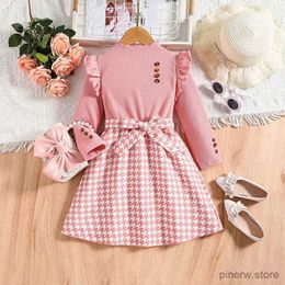 Girl's Dresses Spring Autumn New Dress Kids Girls 4-7 Years Little Girls Pink Knit Patchwork Plaid Dress Preppy Style Sweet Casual Clothes