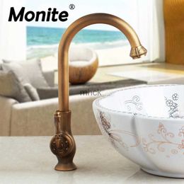 Kitchen Faucets Monite Roatated Antique Brass Kitchen Sink Swivel Bathroom Faucet Mixer Tap Brass Basin Mixer Tap Faucet Vintage Engraved Handle 240130