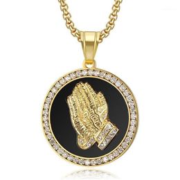 Hip Hop Iced Out Praying Hand Pendant With Mens Chain Gold Colour Stainless Steel CZ Charm Round Necklace Jewellery Male Gift1244r