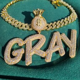 Custom Name Pendant with Money Bag Hook AAAA Iced Out Cubic Zirconia Words Necklace Hip Hop Jewelry for Gift 240125