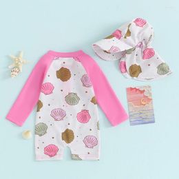 Clothing Sets Toddler Baby Girl Rash Guard Swimsuits Summer Shell Print Long Sleeves Swimwear And Sun Hat Set Bathing Suits Beachwear
