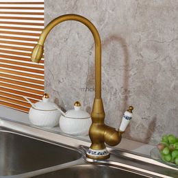 Kitchen Faucets YANKSMART Swivel Mixer Antique Brass Sink Faucet Kitchen Deck Mounted Basin Faucet Hot And Cold Water Tap Vessel Basin Faucets 240130