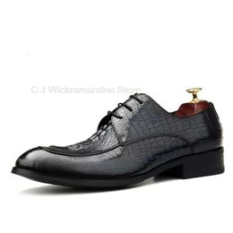 Genuine Leather Men Oxford Crocodile Print Classic Dress Black Brown Lace Up Pointed Toe Formal Brogue Derby Shoes