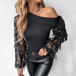 Women's Blouses Spring Top Elegant Flower Embroidery Mesh One Shoulder Blouse With Lace Up Detail Hollow Out Design For Fashion