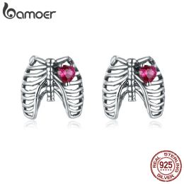 Earrings BAMOER Geometry Earrings 925 Sterling Silver Pink Heart Zircon Rib Stud Earrings for Women Cool Halloween Fashion Jewellery