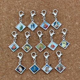 100pcs lots Mixed Enamel square Jesus Christ Icon Religious Charms Bead with Lobster clasp Fit Charm Bracelet DIY Jewellery 13 2x30m241U