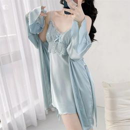 Women's Sleepwear 2PCS Robe Set Women Lace Applique Bathrobe Lady Suit Nightgown Summer Rayon Kimono