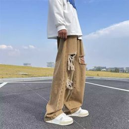 Men's Jeans Vintage Trendy Street Pants Hiphop Distressed Ins Light Mature Style Straight Leg Wide for Men