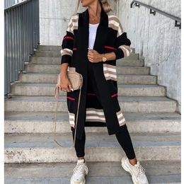 Women's Knits Autumn Winter Women Stripe Sweater Cardigan Solid Colour Long Sleeve Casual 2024 Streetwear Sexy Knitting Open Sweaters Tops