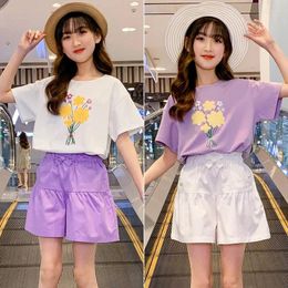 Clothing Sets 2024 Teenager Summer Girls Clothes Flower T Shirt Shorts Outfits Children 5 6 8 9 10 12 13 Years Kids Short Sleeve Tracksuit