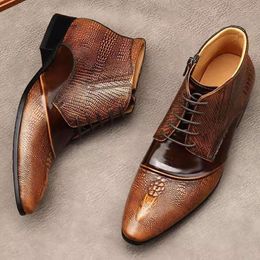 High Quality Ankle Man Genuine Leather Zip Lace Up Pointed Tip Male Dress Shoes Wedding Boots for Men