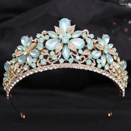 Hair Clips Baroque Green Opal Crystal Flowers Wedding Crown Bride Tiaras Rhinestone Diadem Pageant Crowns Bridal Jewelry Accessories