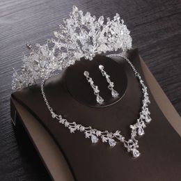 Necklaces Luxury Heart Crystal Bridal Jewelry Sets Wedding Cubic Zircon Crown Tiaras Earring Choker Necklace Set African Beads Jewelry Set