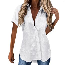 Women's Blouses Ladies Lace Floral Jacquard Shirts Solid Colour Single Breasted Short Sleeve Blouse Women Turn Down Collar Loose Casual Tops