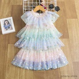 Girl's Dresses 2024 New Sequin Little Girls Tulle Dress Cute Kids Birthday Party Princess Dress Layered Rainbow Baby Clothes Summer Casual Wear