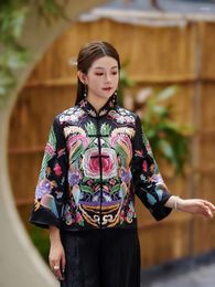 Ethnic Clothing Old Fashion Embroidery Chinese Black Women Front Open Coat