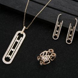 Rings Geometry Link Stackable Pendant Necklace Earring Ring Set Beautiful Full Cubic Zircon Charm Women Jewellery Gift E9361