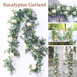 Eucalyptus Garland with Rose Flowers Artificial Vines Faux Silk Greenery Wedding Backdrop Arch Wall Decor for Home Dinning Table1188W