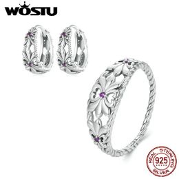 Necklace WOSTU 925 Sterling Sliver Retro Iris Jewelry Set Hollowed Finger Ring Zircon Earring Hoops For Women Original Fine Jewelry Gift