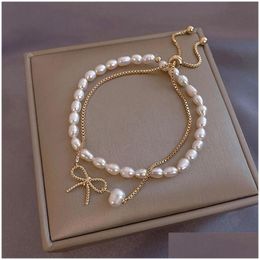 Charm Bracelets Elegant Pearl Bow Gold Suit Detachable Bracelet For Woman Fashion Jewelry Lady Sweet Temperament Braceletcharm Drop D Dhqxe