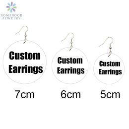 Charm Somesoor 3 Sizes Custommade Round African Wooden Drop Earrings Personalised Photos Printed Ear Dangle Wholesale for Women Gifts