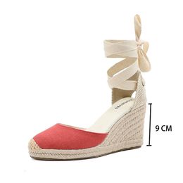 Womens Wedges Espadrille Summer Shoes Roun Red for Women 2024 Offer Rushed 7-9cm Sandals Sandalias Mujer Up Wedge Ankle Strap