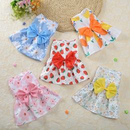 Dog Apparel Strawberry Print Puppy Spring Clothes Floral Medium Chihuahua Cats Clothing Big Bow Tie Decorate Kitten Overalls Pet Dresses