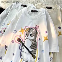 Men's T-Shirts Funny Cat Printed T Shirt Harajuku T-Shirt Neutral Streetwear Japanese Kanji Female Tees Cute Tops Casual Short Sleeve Tshirt Q240130