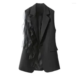 Women's Vests Black Suit Vest Female Summer 2024 Korean Fashion Stitching Chiffon Sleeveless Blazers Waistcoat Women Jacket Outerwear Top