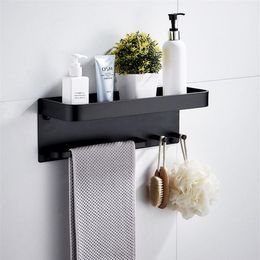 Bathroom Shelf Aluminium Black Corner Shelf Square Bath Shower Shelf Wall Mounted Storage Organiser Rack with Hooks and Towel Bar263f