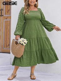 Basic Casual Dresses GIBSIE Plus size square neckline solid pleated hem dress for womens 2024 spring light sleeved loose holiday Bohemian Aline long skir J240130