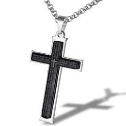 Necklace Trendy Cross Prayer Pendnat Necklaces for Men Black Titanium Stainless Steel Fashion Jewellery 55cm Chain Masculine Cool Accessory