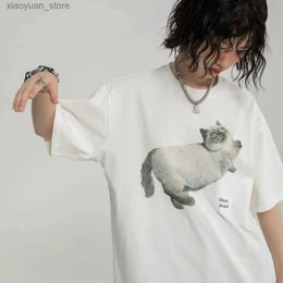Women's T-Shirt Summer New American Cute Cat Print T shirt Fashion Y2K Street Hip Hop Women Retro Simple Personality Oversized T shirt top 240130