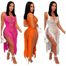 Basic Casual Dresses 2023 Crochet Cut Out Slit Beach Dress Cover Up Knitted Tunic Holiday Swimsuit Cover Up Pareo Tunic Beach Maxi Dress Bikini Cover J240130