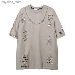 Men's T-Shirts Summer High Street Ripped Holes Short Sleeves T-shirt Solid Color Streetwear Oversized Casual Top Tees Summer Harakuju Tees Q240130