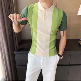 Ultra thin contrasting stripes Korean version short sleeved lapel simple matching mens clothing polo shirt 240130