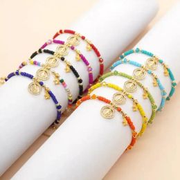 Bracelets 6Pcs Colourful Crystal Beaded Friendship Bracelet Golden Metal Star Jesus Mary Charm Jewellery for Women Religion Summer Beach Gift