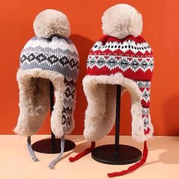 Russian Cap Men Women Knitted Trapper Earflap Ski Cap Male Female Thick Warm Winter Beanie Hat Fur Pompom Russain Hat 240127