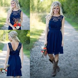 Cheap Country Bridesmaid Dresses 2024 For Weddings Illusion Neck Chiffon Lace Navy Blue Sashes Party Short Knee Length Maid of Honour Gowns