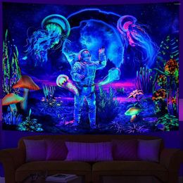Tapestries Astronauts UV Fluorescent Tapestry Black Light Aesthetic Wall Hanging Hippie For Bedroom Indie Room Decor