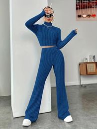 2024 Spring Knitted 2 Piece Sets Women Tracksuit Long Sleeve Vintage Sweater Crop Top Flare Pants Stretch Matching Suit Outfit 240122