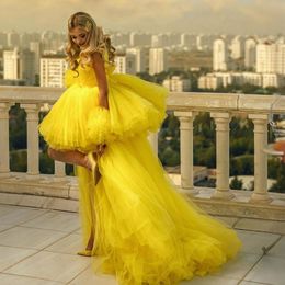 Yellow Hi-Low Evening Dresses Elegant Beaded Sheer Neck Evening Gowns Tiered Tulle Ruffles Pleated Formal Prom Dress Birthday Party Gown NE006