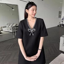 Casual Dresses Vestidos Mujer 2024 V-neck Diamond Bow Temperament Short Sleeved Small Black Dress Vintage Chic Summer Doll Puff Female