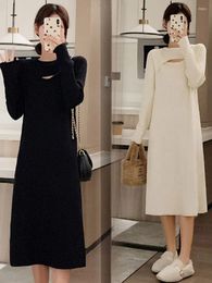 Casual Dresses Careful Machine Hollowed Out Gentle Style Medium Length Long Sleeved Knitted Dress For Autumn Winter Paired With A Sweater