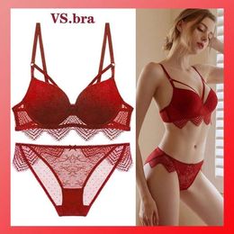 Victoria's Birthyear Red Underwear Set Women's Secret Lace Small Chest Gathering Wedding Bra Mask Winter